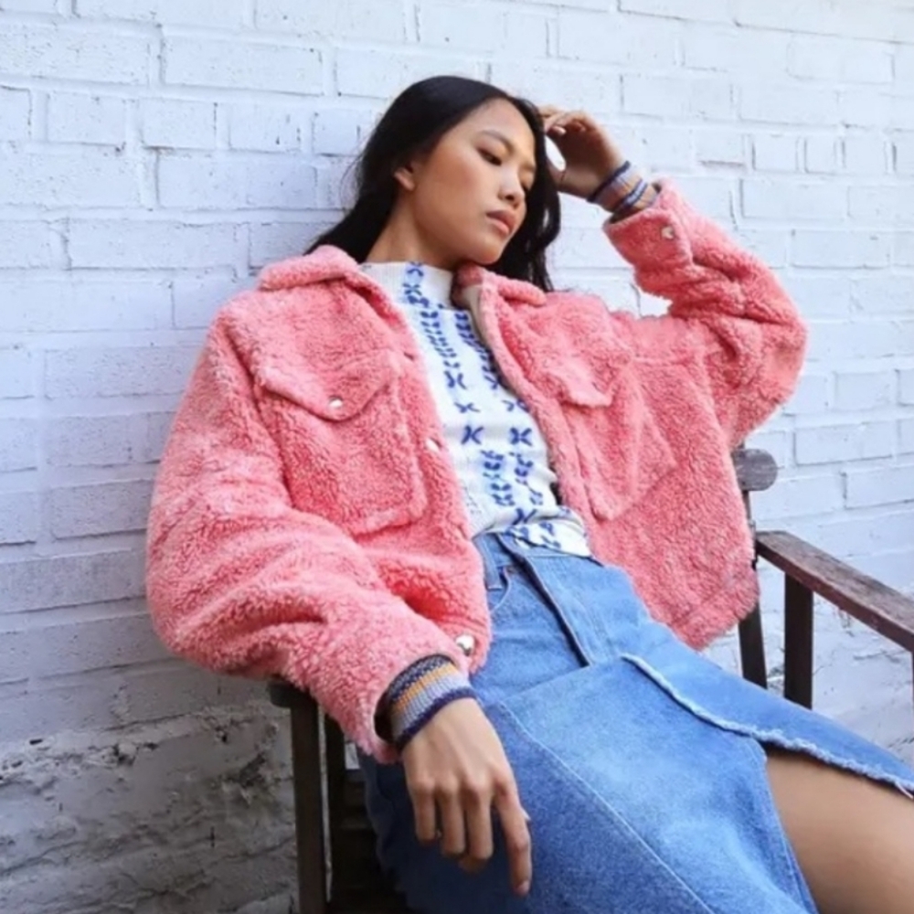 Free People Swing Coral Pink Faux Fur Jacket